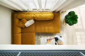 Sigge 3 places gauche+corner 90+bench droit tissu Moss Mustard Sits canapé vu de dessus